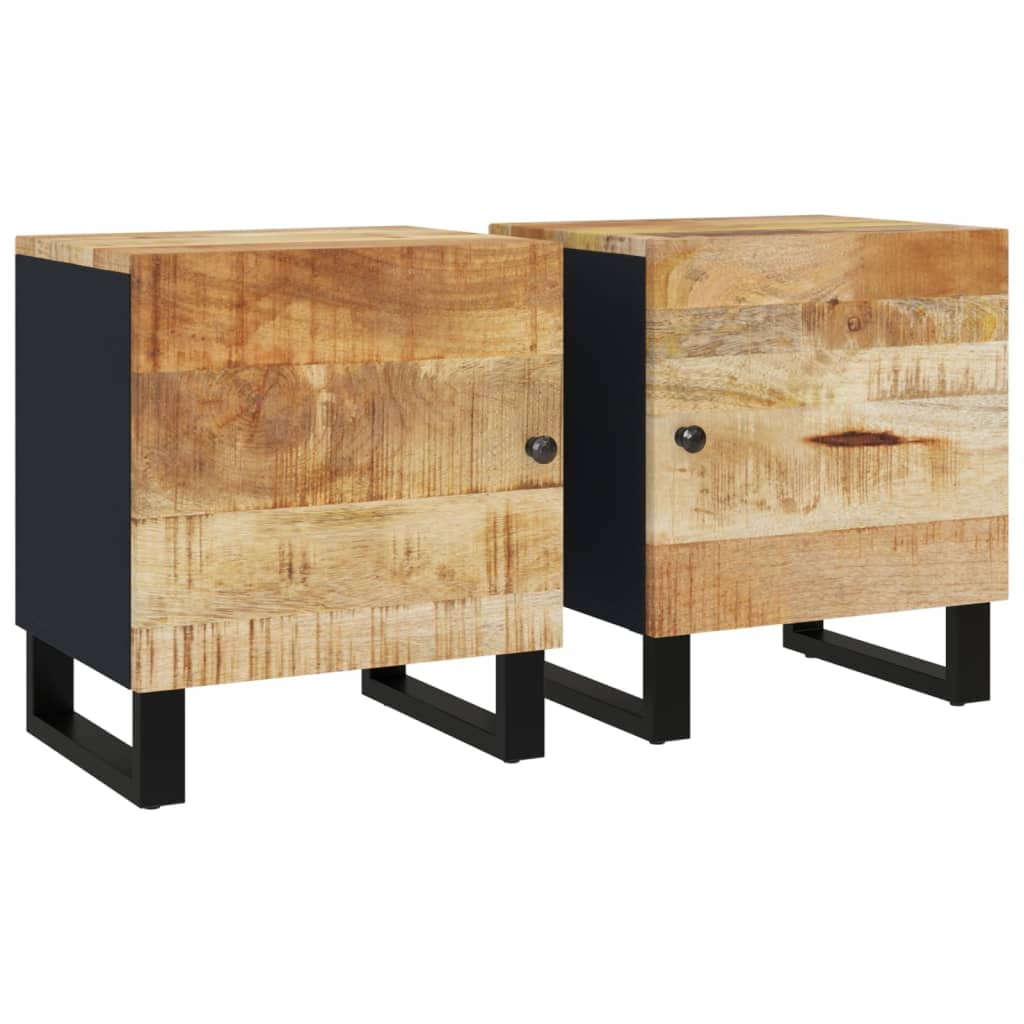 vidaXL Solid Mango Wood Bedside Cabinets, Set of 2, Black, Rectangular Industrial Style Nightstands with Drawer Storage, Dimensions: 15.7x13x18.1