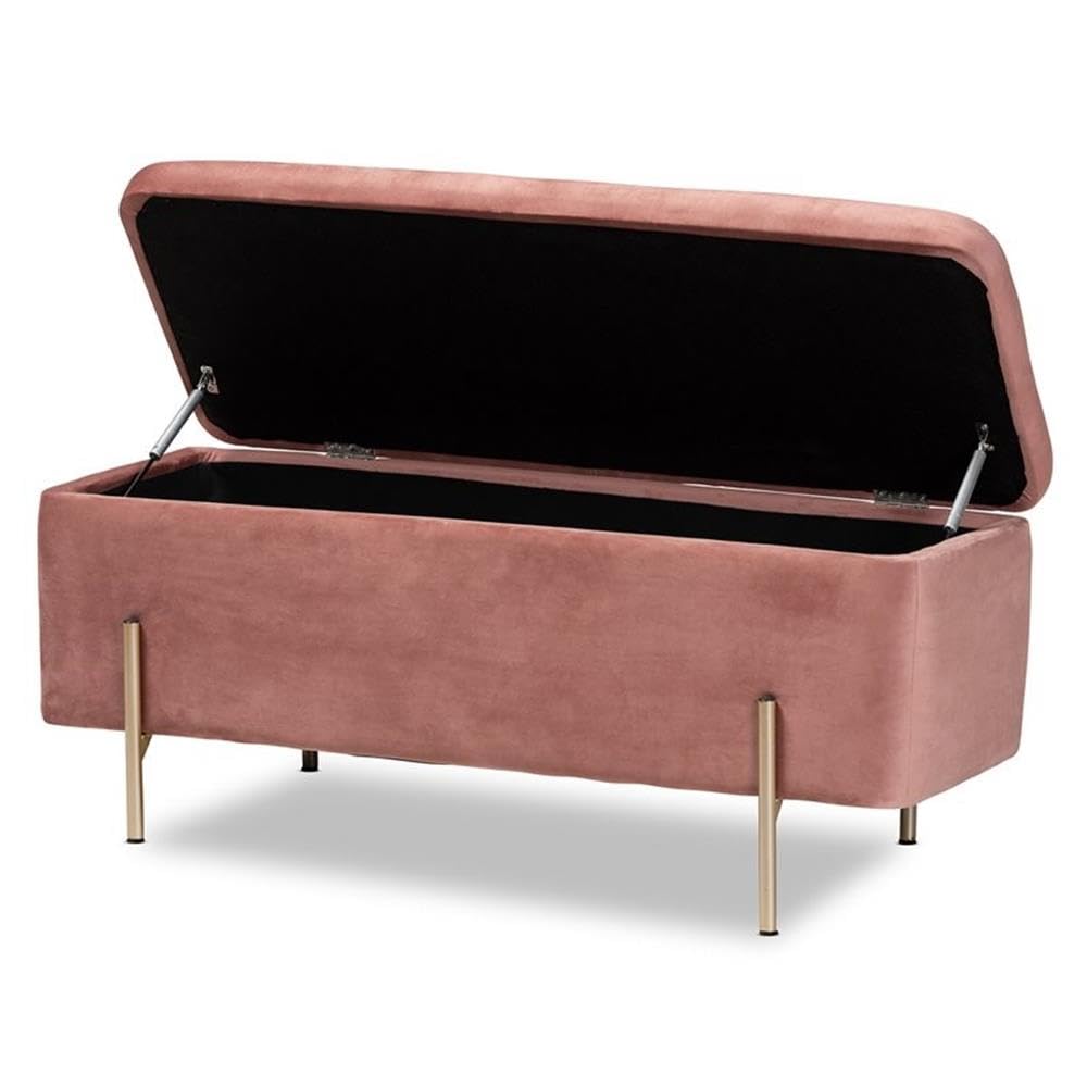 Baxton Studio Rockwell Contemporary Glam and Luxe Blush Pink Velvet Fabric Upholstered and Gold Finished Metal Storage Bench