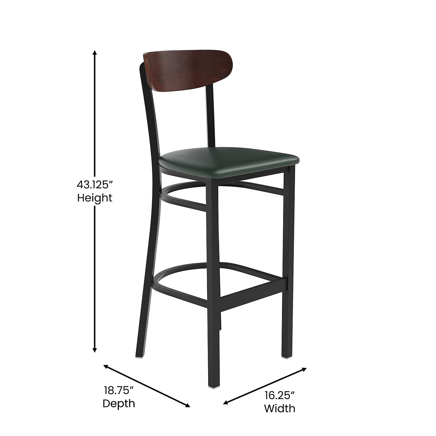 Flash Furniture Wright Commercial Barstool - Walnut Finish Wood Boomerang Back - Green Vinyl Seat - 500 LB. Capacity Black Steel Frame - Integrated Footrest