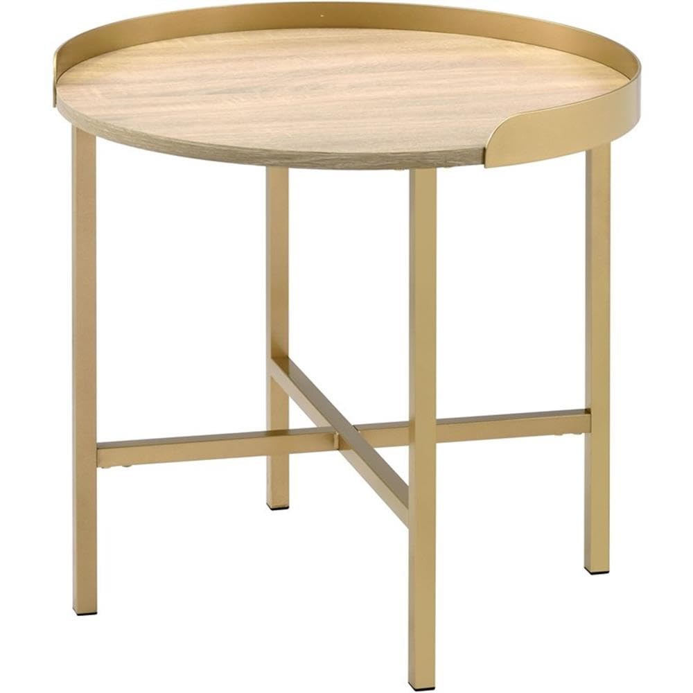 Acme Mithea Round Wooden Top End Table with Cross Bar Base in Oak and Gold