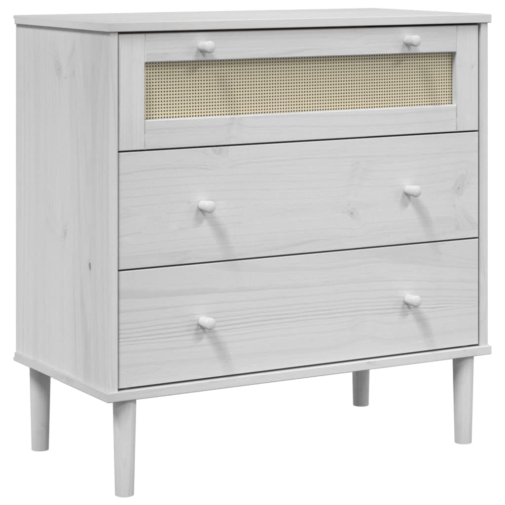 vidaXL Drawer Cabinet with Rattan Look, Three-Drawer Storage, Solid Pine Wood, UV Varnish Finish, Spacious, Midcentury Modern and Boho Design, White