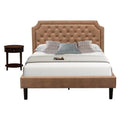 East West Furniture Granbury 2-Piece Platform Wooden Set for Bedroom with Button Tufted Queen Size Bed and 1 Antique Mahogany Mid Century Modern Nightstand-Brown Faux Leather Texture and Black Legs