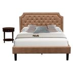 East West Furniture Granbury 2-Piece Platform Wooden Set for Bedroom with Button Tufted Queen Size Bed and 1 Antique Mahogany Mid Century Modern Nightstand-Brown Faux Leather Texture and Black Legs