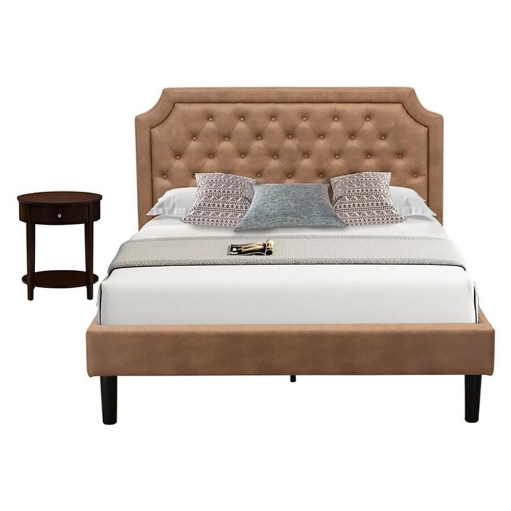 East West Furniture Granbury 2-Piece Platform Wooden Set for Bedroom with Button Tufted Queen Size Bed and 1 Antique Mahogany Mid Century Modern Nightstand-Brown Faux Leather Texture and Black Legs