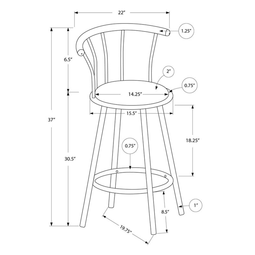 Monarch Specialties I 2399 Bar Stool, Set of 2, Swivel, Bar Height, Grey Metal, Black Leather Look, Contemporary, Modern