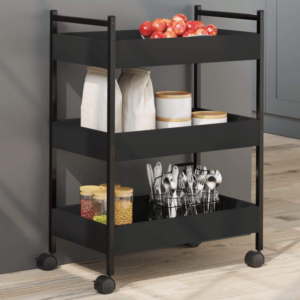 vidaXL Kitchen Trolley in Black - Mobile Storage Cart/Organizer - Engineered Wood with Steel Frame - 19.7&quot;x11.8&quot;x27.6&quot;