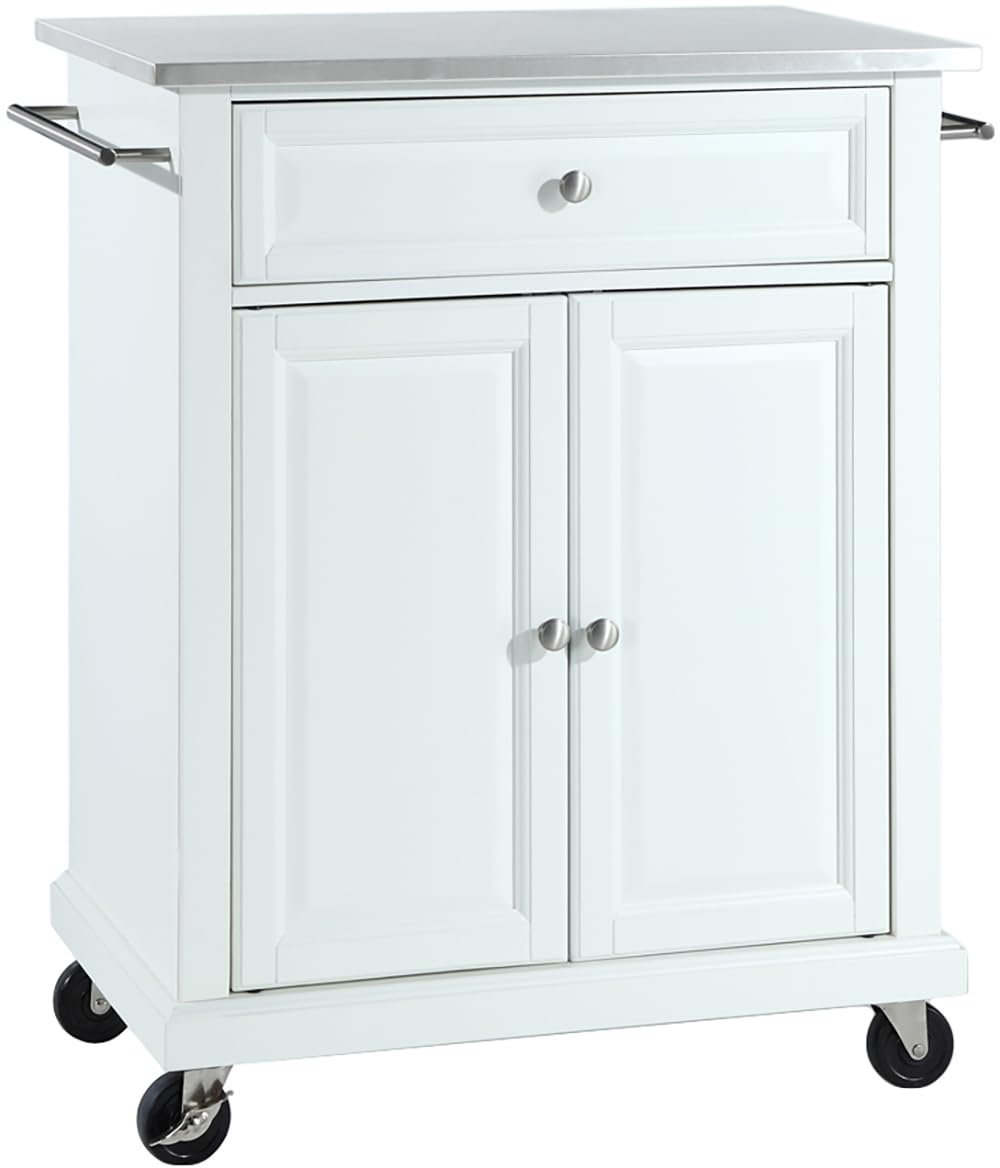 Crosley Furniture Compact Stainless Steel Top Rolling Cart with Shelves, Microwave Stand with Towel Rack, White