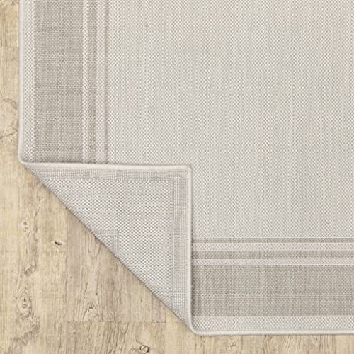 HomeRoots Polypropylene 7’x9’ Ivory and Gray Bordered Indoor Outdoor Area Rug