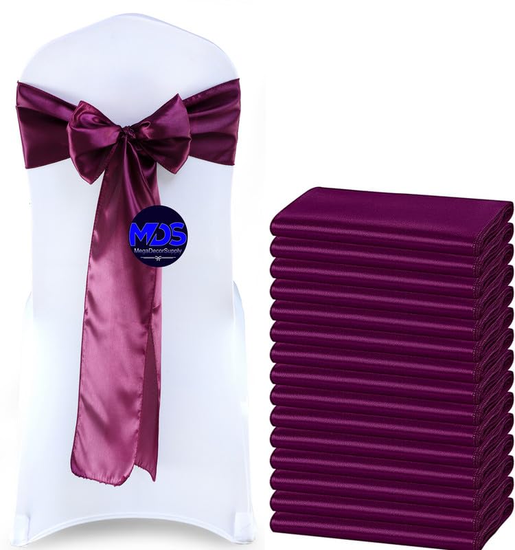Mds Pack Of 150 Pcs Satin Chair Sashes Charmeuse Sateen Dining Chair Bows Ribbon Ties Back Sash For Wedding Party Birthday Home Hotel Restaurant Banquet Decoration (7 X 108 Inch, Eggplant)