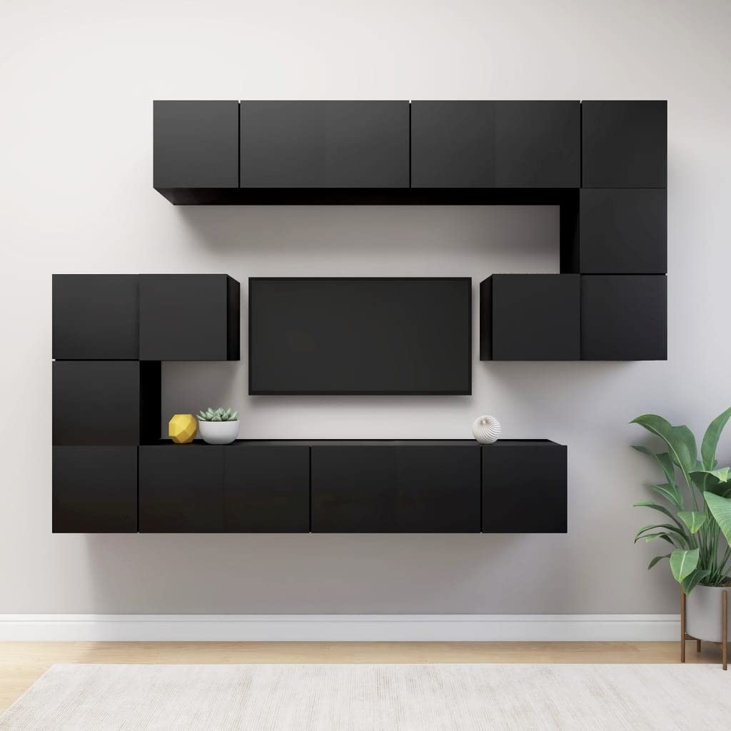 vidaXL TV Cabinet Set 10 Piece Home Indoor Living Room Hanging Wall-Mounted Stereo Plasma HiFi Cabinet TV Unit Furniture Black Engineered Wood