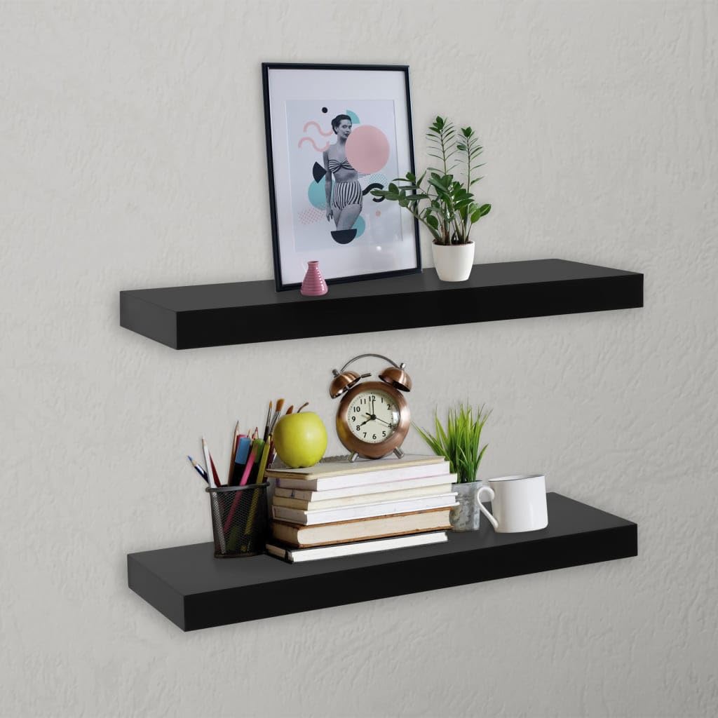 vidaXL Contemporary Floating Wall Shelves, 2 pcs, Black, 15.7"x7.9"x1.5", MDF Material, Invisible Mounting System, Ideal for Home and Office