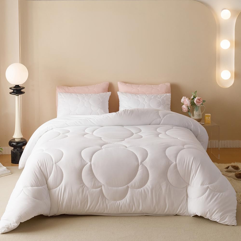 Clothknow White Queen Comforter Set 3Pcs Daisy Puff Bedding Comforter Sets White Boho Queen Comforter Soft Floral Queen Size Comforter Sets