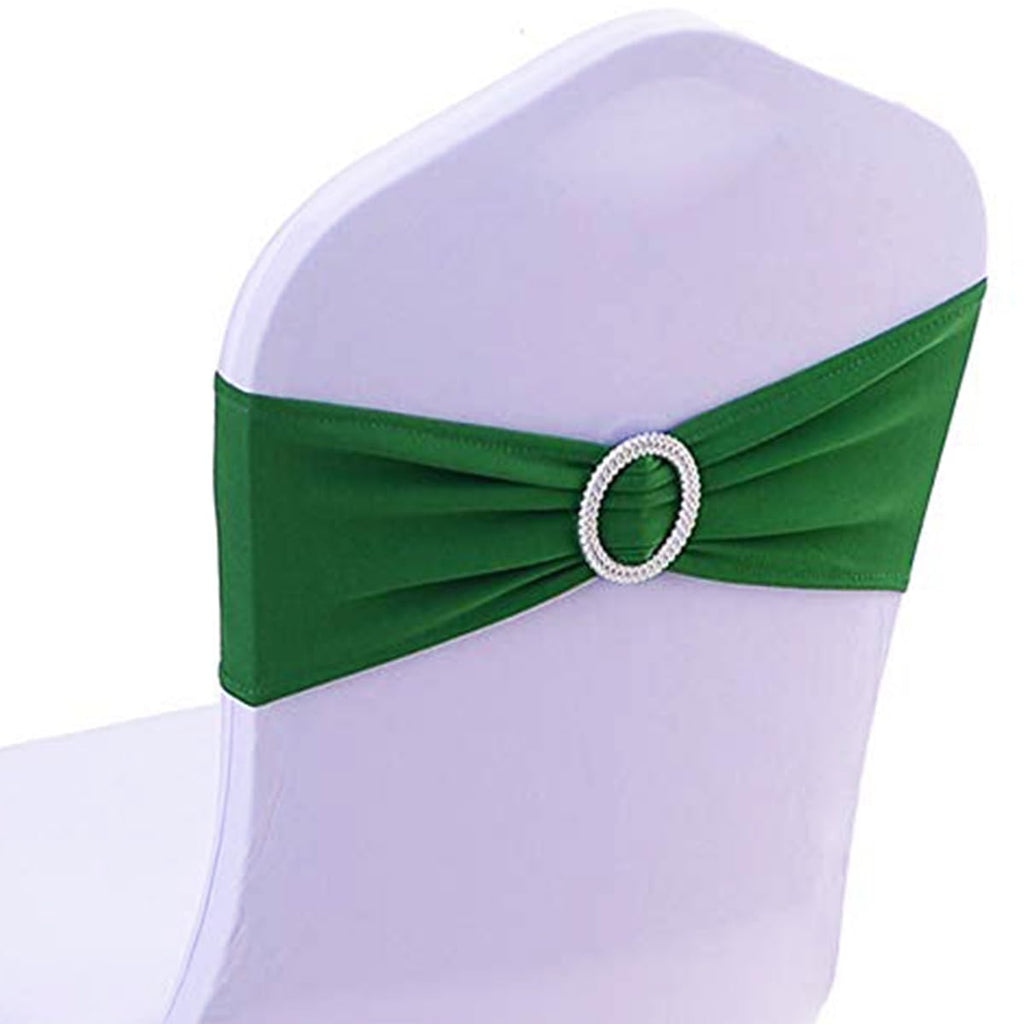 Sinssowl 100Pcs Spandex Wedding Emerald Green Chair Sashes Bands With Buckle Chair Bows Wedding Decorations 25 Colors  (Dark Gre