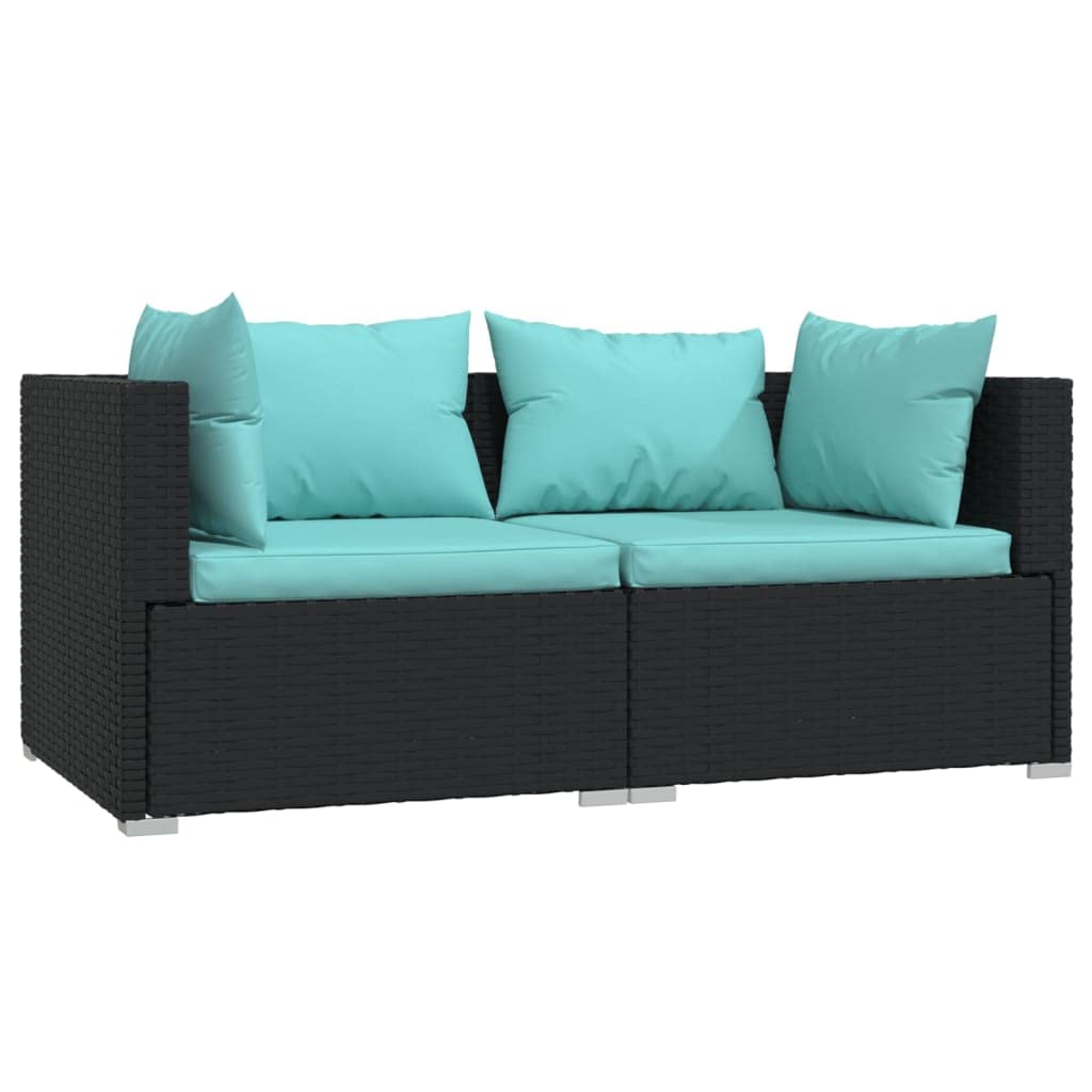 vidaXL Two-Seater Outdoor Sofa - Water-Resistant Black Poly Rattan Patio Loveseat with Comfy Aqua Cushions