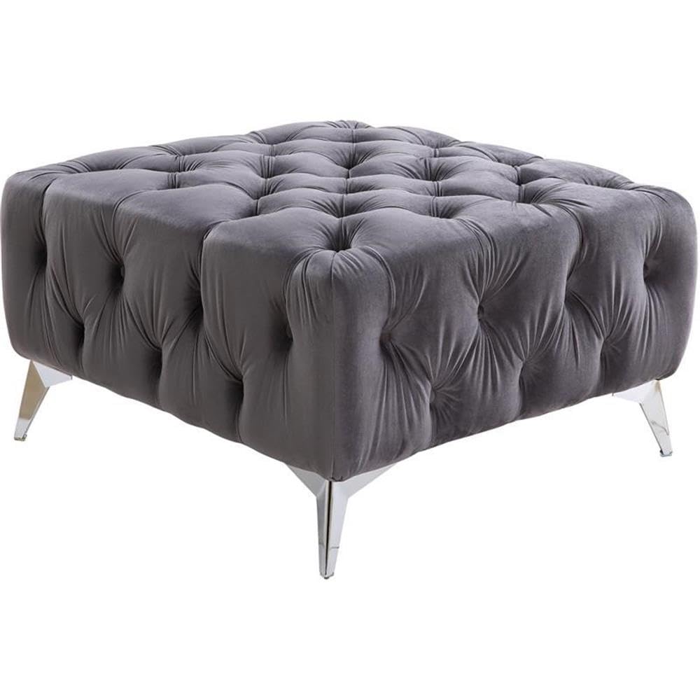Acme Wugtyx Button Tufted Velvet Upholstered Square Ottoman in Dark Gray