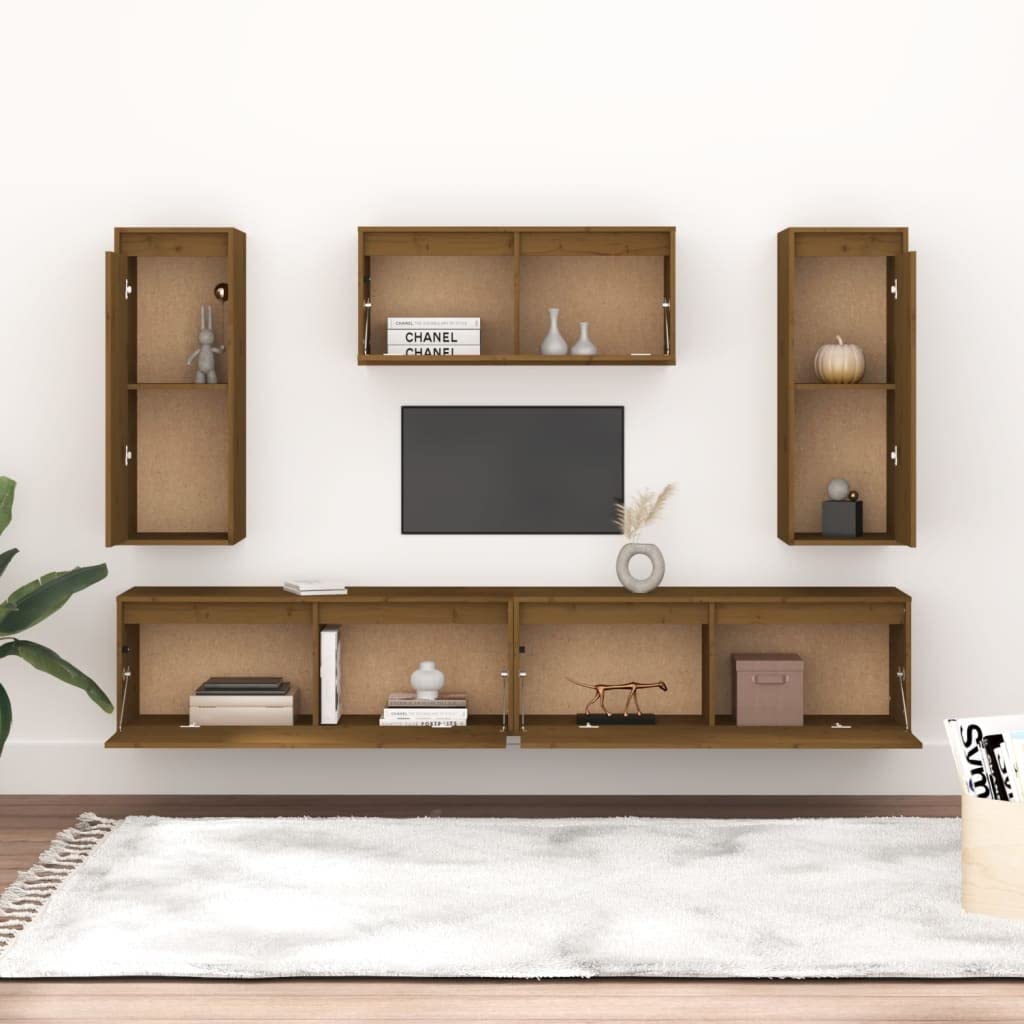 vidaXL TV Stands - Set of 5, Solid Pinewood, Honey Brown Finish, Classic Design, Space Utilizing, Easy to Clean, Perfect for Books, & Collectables.