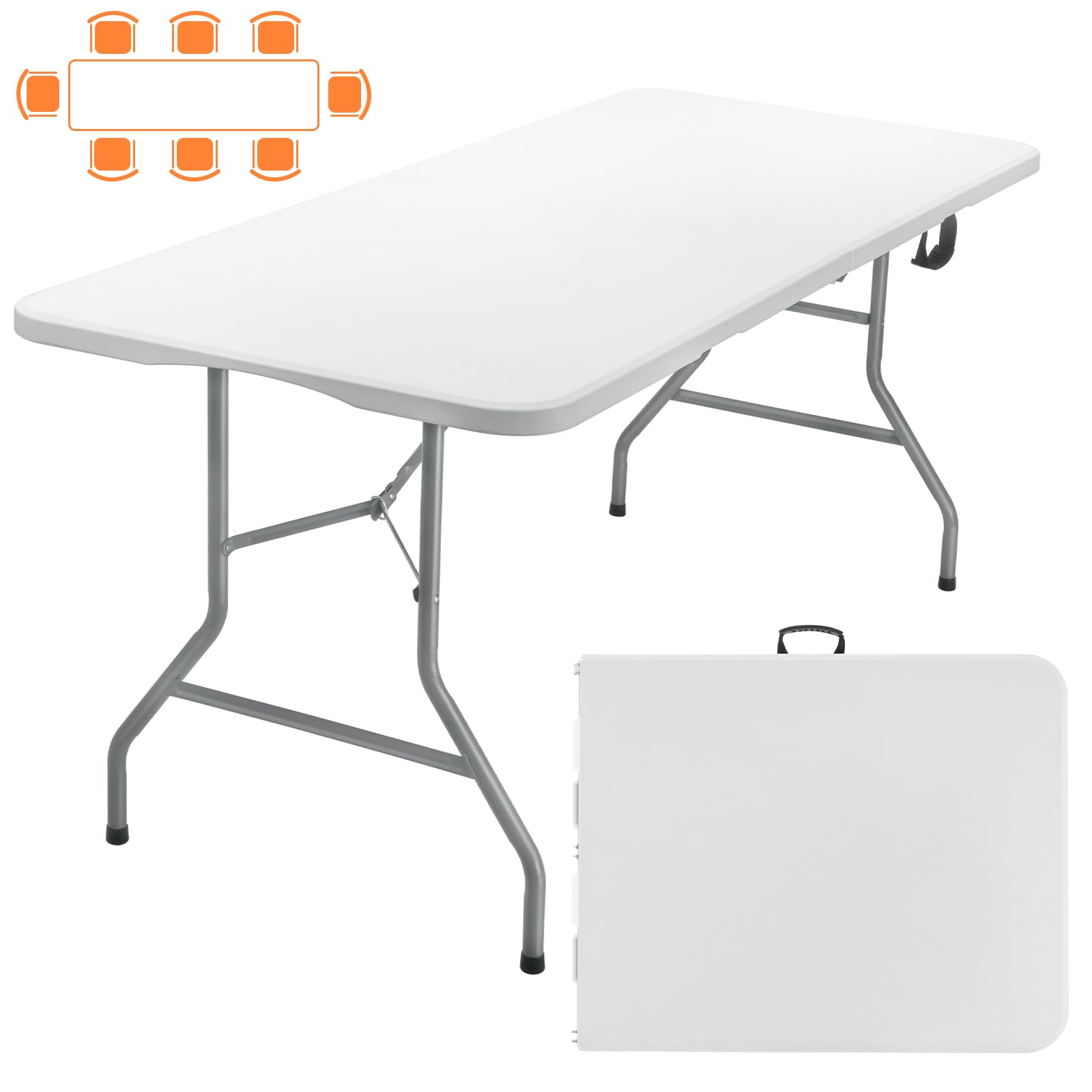 Skok 330Lbs Folding Table 6Ft, Plastic Picnic Table Portable With Handle, 6 Foot Folding Table Long With Thicker Tabletop, White