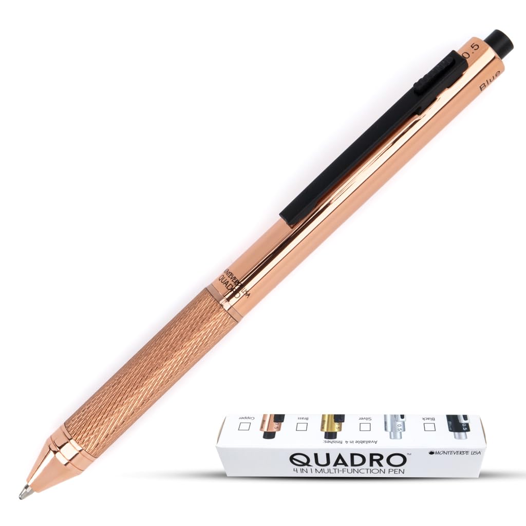 Monteverde Usa Quadro 4-In-1 Multifunction Pen - Copper Finish - Multi-Color Ballpoint Refills & Pencil - Solid Brass With Knurl