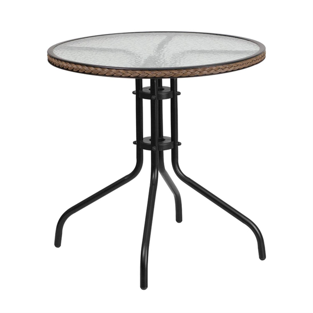 Flash Furniture Lila 28'' Round Glass Metal Table With Dark Brown Rattan Edging And 2 Dark Brown Rattan Stack Chairs