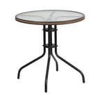 Flash Furniture Lila 28'' Round Glass Metal Table With Dark Brown Rattan Edging And 2 Dark Brown Rattan Stack Chairs