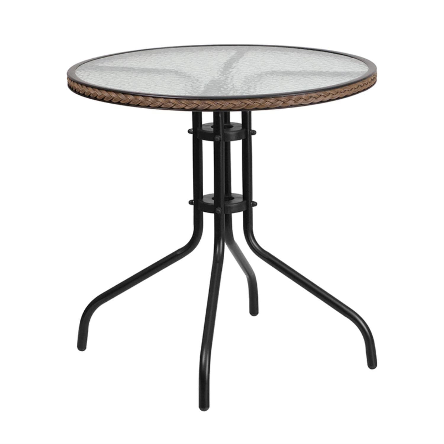 Flash Furniture Lila 28'' Round Glass Metal Table With Dark Brown Rattan Edging And 2 Dark Brown Rattan Stack Chairs