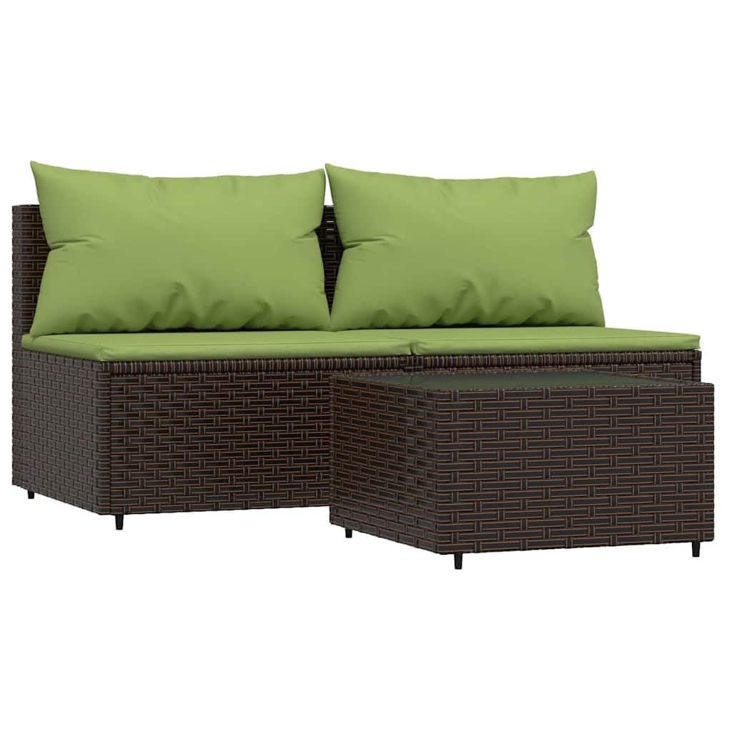 vidaXL Patio Middle Sofa with Cushions - Outdoor Furniture Piece - Durable Powder-Coated Steel - Brown Poly Rattan with Green Cu