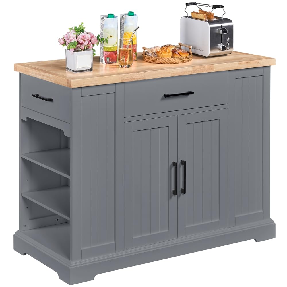 Yaheetech Rolling Kitchen Island with Thicker Rubberwood Countertop, Kitchen Cart on Hidden Wheels with 3 Drawers & Open Shelves