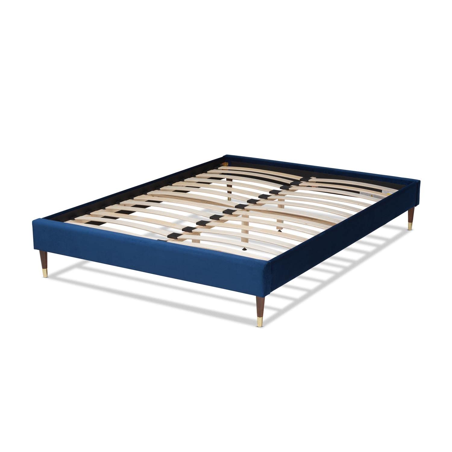 Baxton Studio Volden Glam and Luxe Navy Blue Velvet Fabric Upholstered Queen Size Wood Platform Bed Frame with Gold-Tone Leg Tips