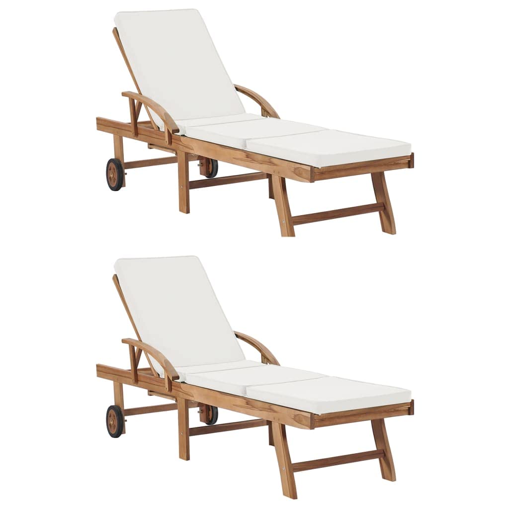 vidaXL Patio Lounge Chair 2 Pcs, Sunlounger with Adjustable Backrest, Deckchair with Cushion, Pool Lounge Chair for Porch, Solid Teak Wood Cream