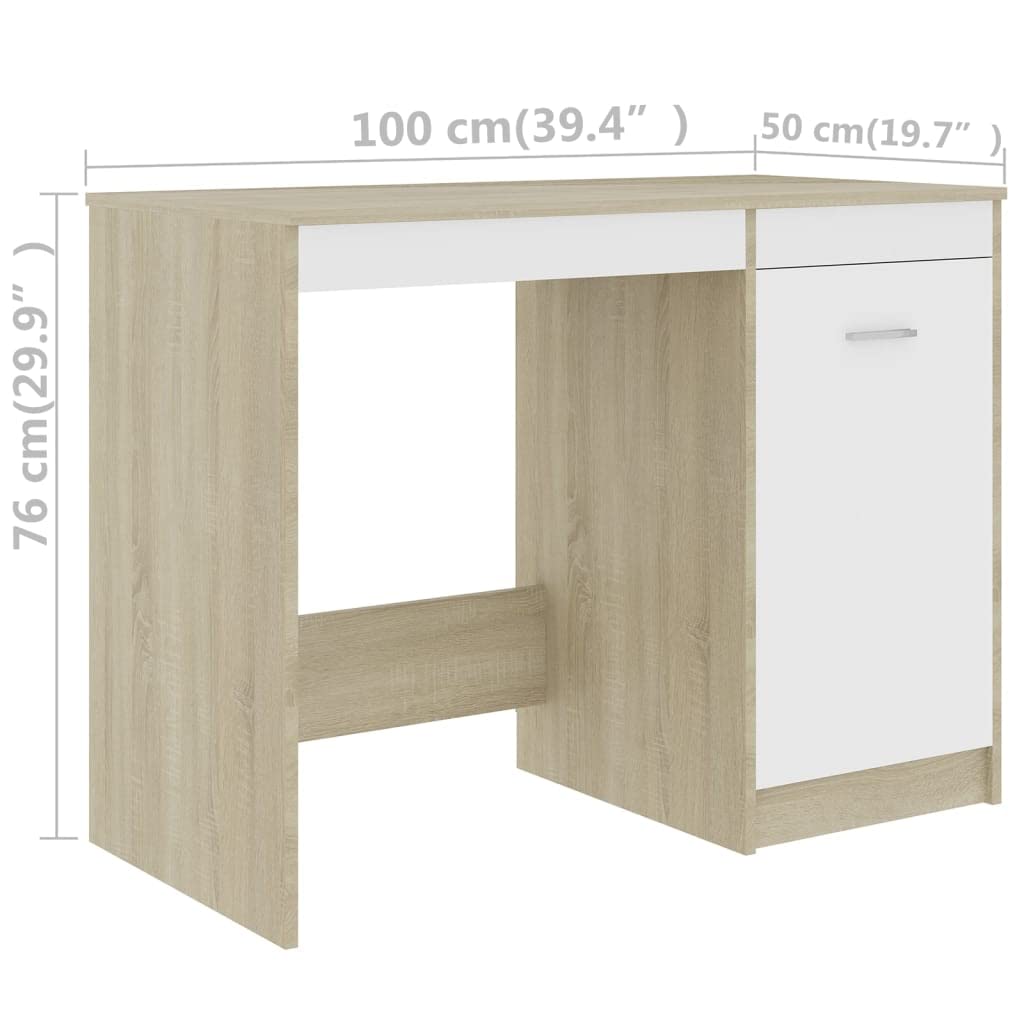 vidaXL Sleek Desk, White and Sonoma Oak Finish, Engineered Wood Construction, Integrated Storage Cabinet, Modern Scandinavian Design, 39.4”x19.7”x29.9”
