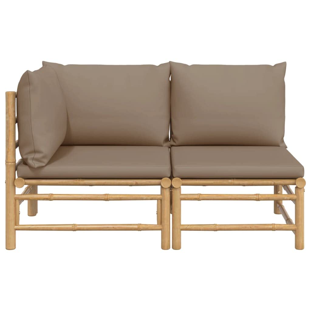 vidaXL 2 Piece Outdoor Patio Lounge Set with Thickly Padded Taupe Cushions Made of Bamboo in Natural Finish and Modular Design