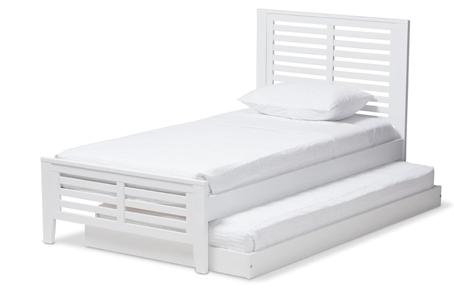 Baxton Studio Sedona Modern Classic Mission Style White-Finished Wood Twin Platform Bed with Trundle White/Twin//White/Mission/Rubber Wood/Poplar/LVL