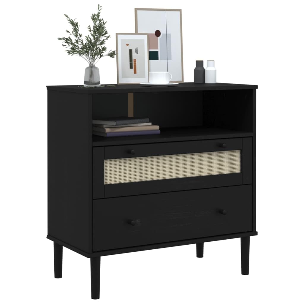 vidaXL SENJA Sideboard - Solid Pine Wood with UV Varnish Finish and Poly Rattan Detail - Rattan Look in Black - Ample Storage with 2 Drawers and 1 Compartment