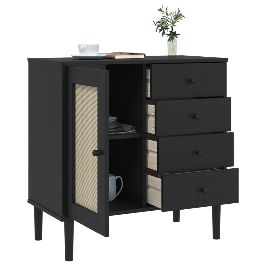 vidaXL SENJA Black Sideboard | Solid Pine Wood UV Varnish Finish | Rattan Look Door | Ample Storage Space | Compact Furniture for Living Room