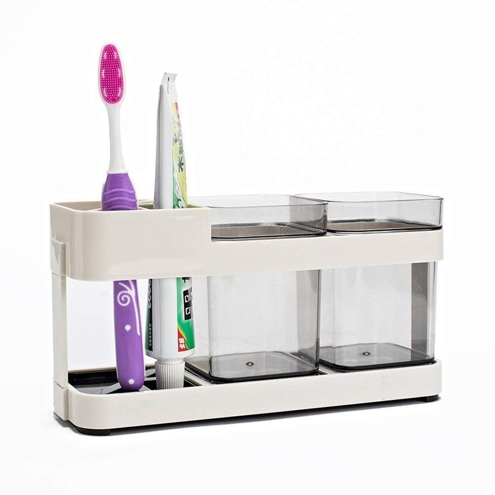 Spirahomes Plastic Toothbrush Holder Stand Storage Organizer with 2 Cup, Multipurpose Organizer for Bathroom,Kitchen,Home,Makeup