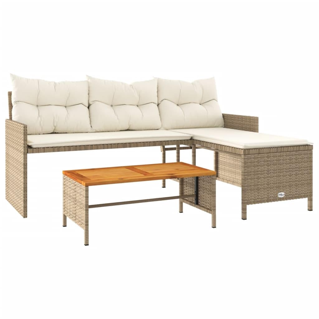 vidaXL L-Shaped Patio Sofa with Cushions and Acacia Wood Coffee Table - Beige Poly Rattan Outdoor Lounge Set for Garden, Terrace, Deck