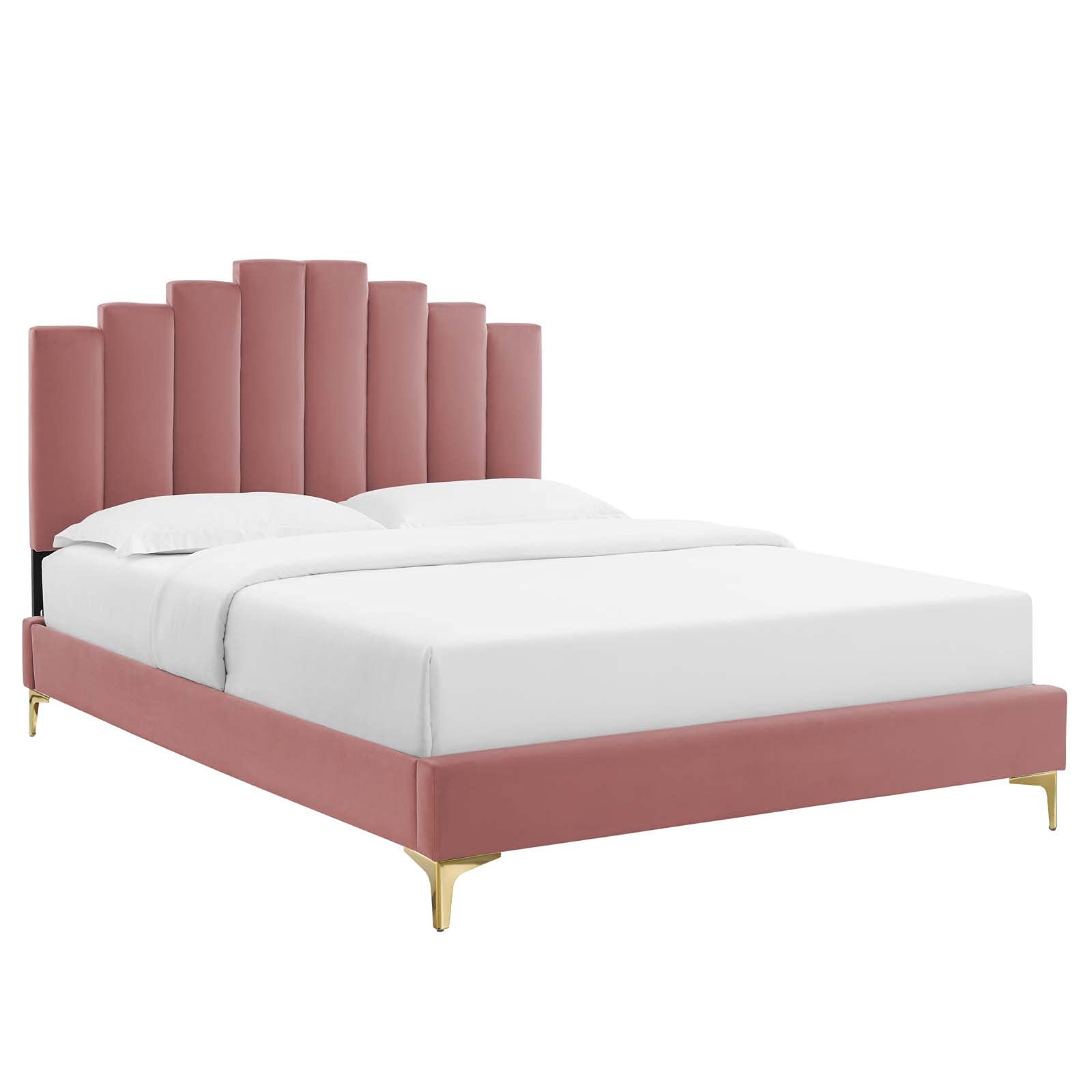Modway Elise Channel Tufted Performance Velvet King Platform Bed In Dusty Rose With Gold Metal Legs