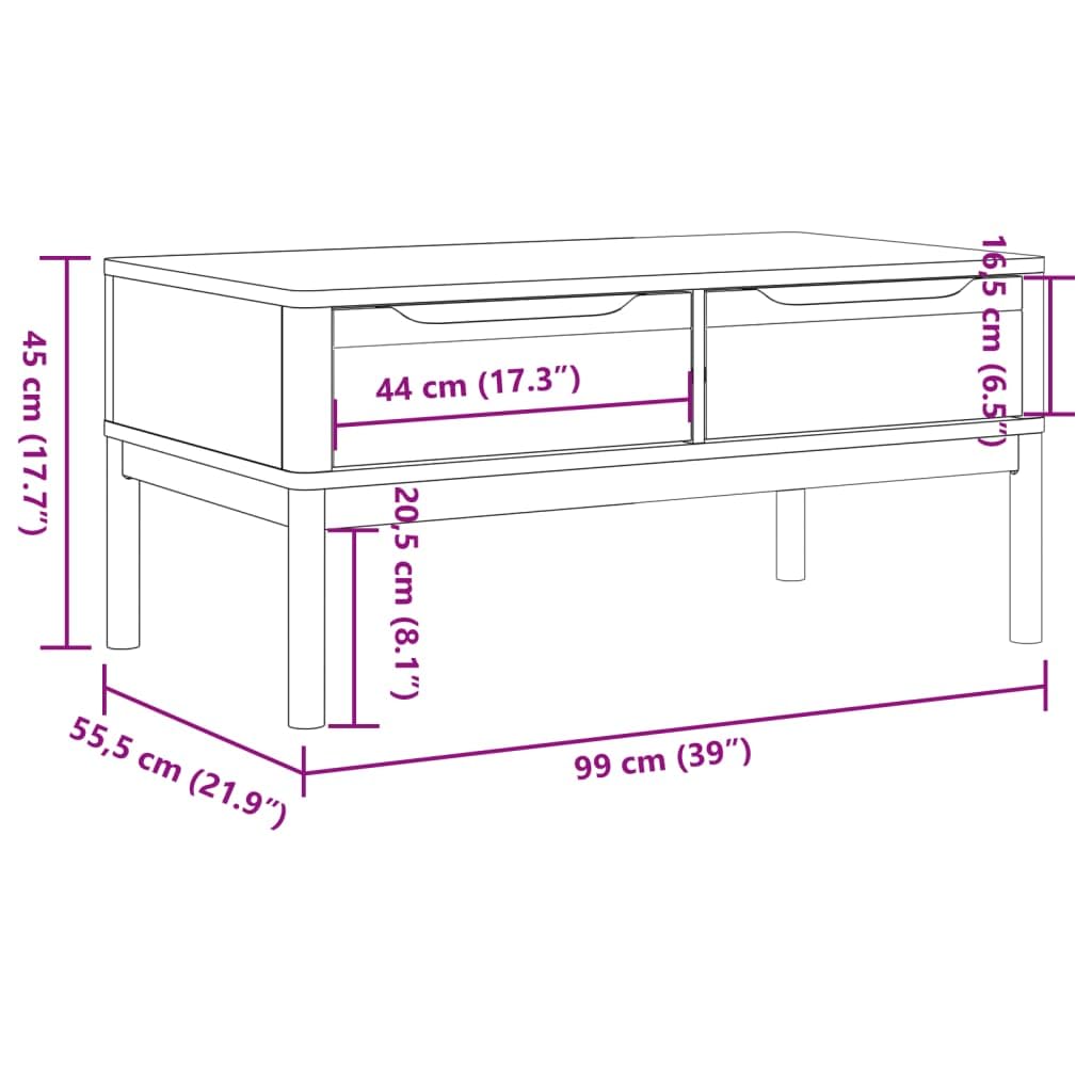 vidaXL Floro Gray Coffee Table - Solid Pine Wood, 39"x21.9"x17.7" - Modern Storage Side Table with Drawers for Living Room