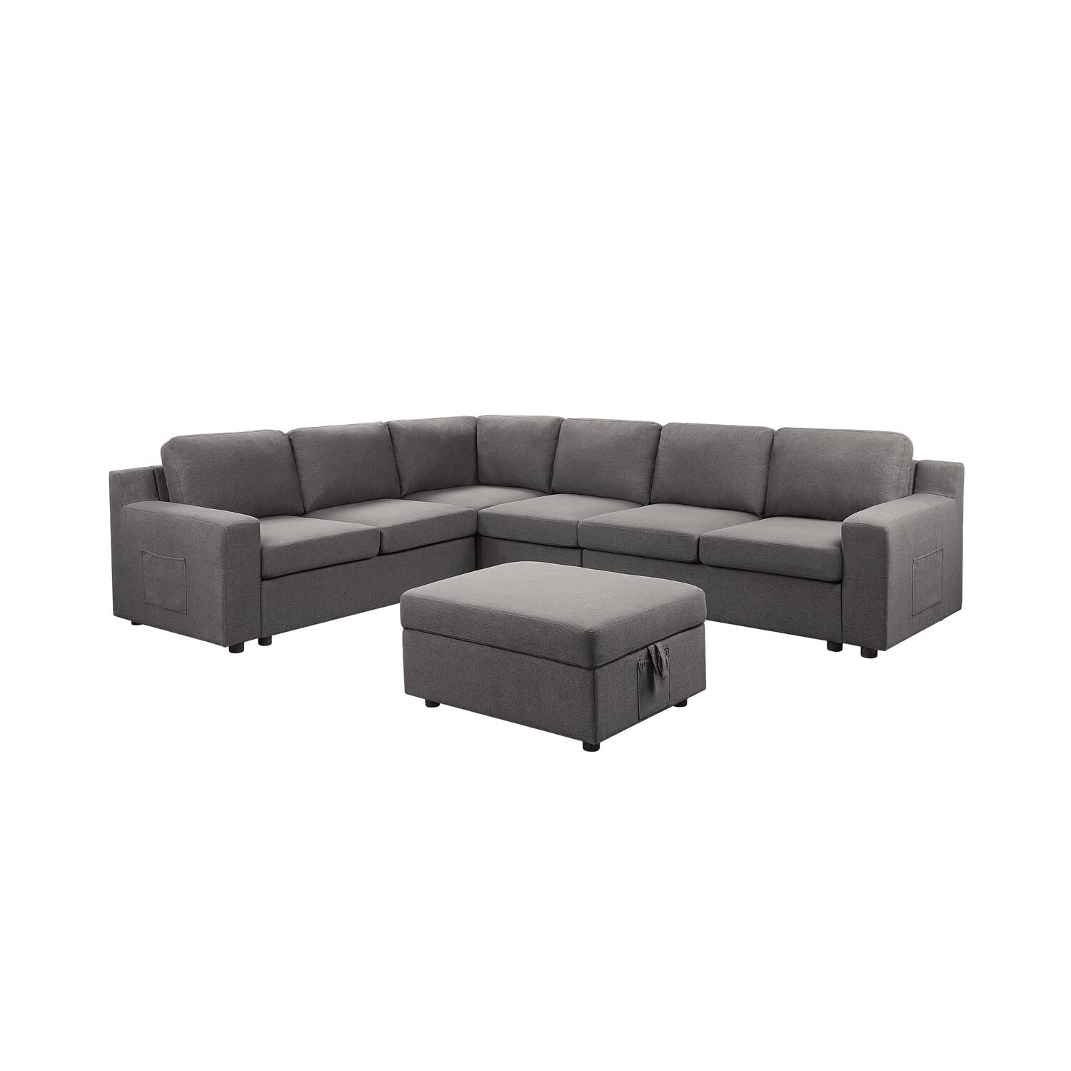 Lilola Home Waylon Gray Linen 7-Seater L-Shape Sectional Sofa With Storage Ottoman And Pockets