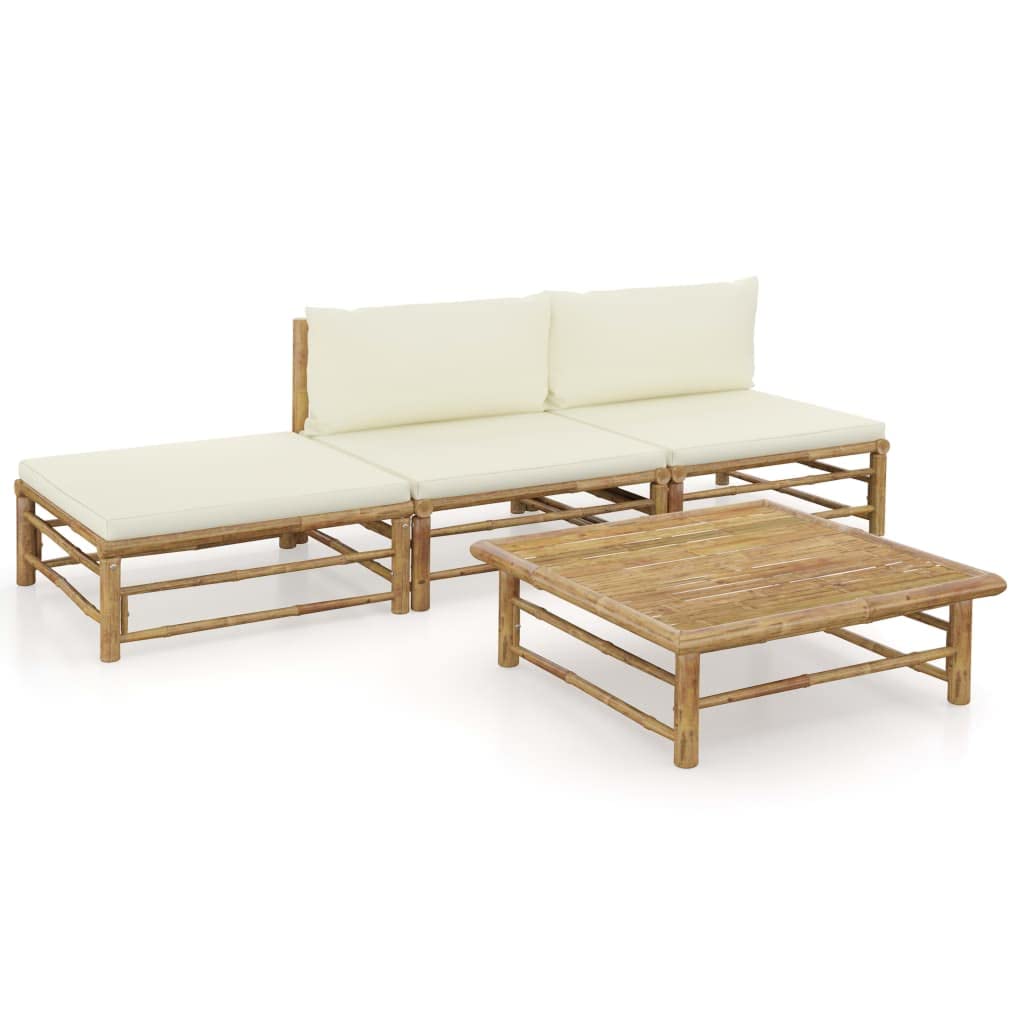 vidaXL Patio Lounge Set 4 Piece, Sectional Sofa for Outdoor Garden, Patio Furniture with Cream White Cushions, Coffee Table, Modern Style, Bamboo