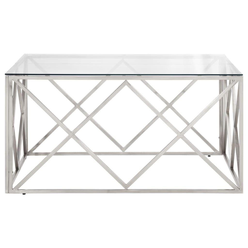 vidaXL Silver Stainless Steel and Tempered Glass Square Coffee Table Desk for Office/Living Room