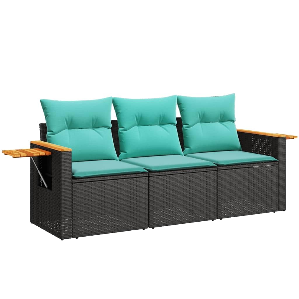 vidaXL Patio Sofa Set with Cushions - 3 Piece Black Poly Rattan Outdoor Furniture with Storage, Side Table - Modular, Weather-Resistant for Garden and Terrace, Blue Cushions