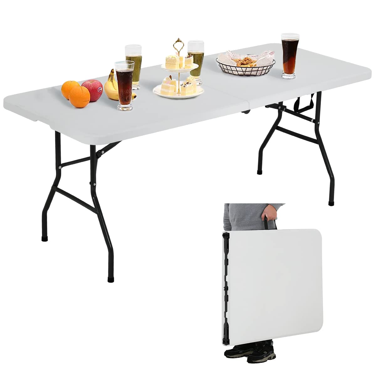 Dkelincs 6 Foot Folding Table With Sturdy Handle, Heavy Duty Centerfold Portable Table, Lightweight Indoor Outdoor Plastic Table