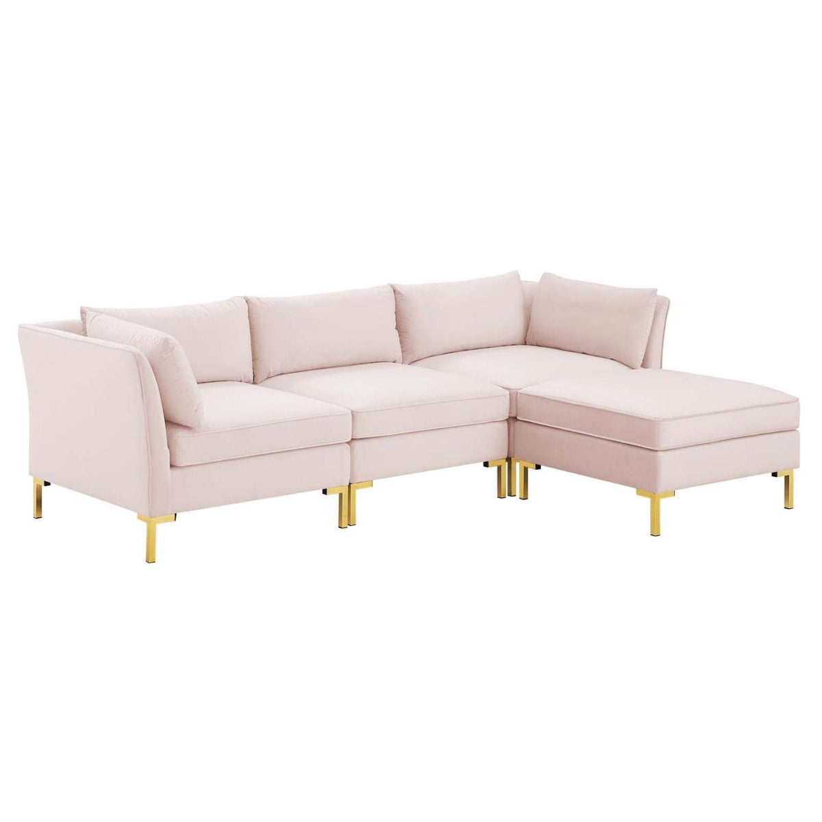 Modway Ardent Performance Velvet Sectional Sofa, 4 Piece W/Chaise, Pink