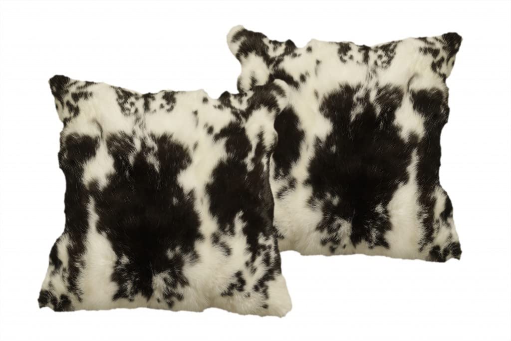 HomeRoots 100% Natural Rabbit Fur and Microsuede Set of Two 18' X 18' Black and White Rabbit Natural Fur Animal Print Throw Pillows