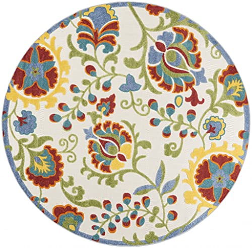 HomeRoots Ivory/Multi 100% Polypropylene 8’ Round Ivory Multi Floral Indoor Outdoor Area Rug