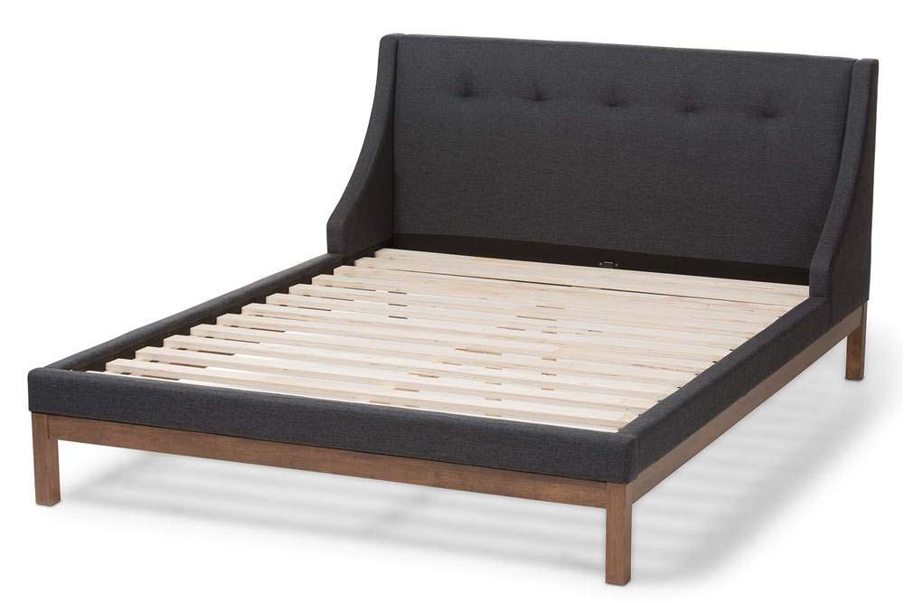 Baxton Studio Louvain Modern and Contemporary Dark Grey Fabric Upholstered Walnut-Finished Queen Sized Platform Bed