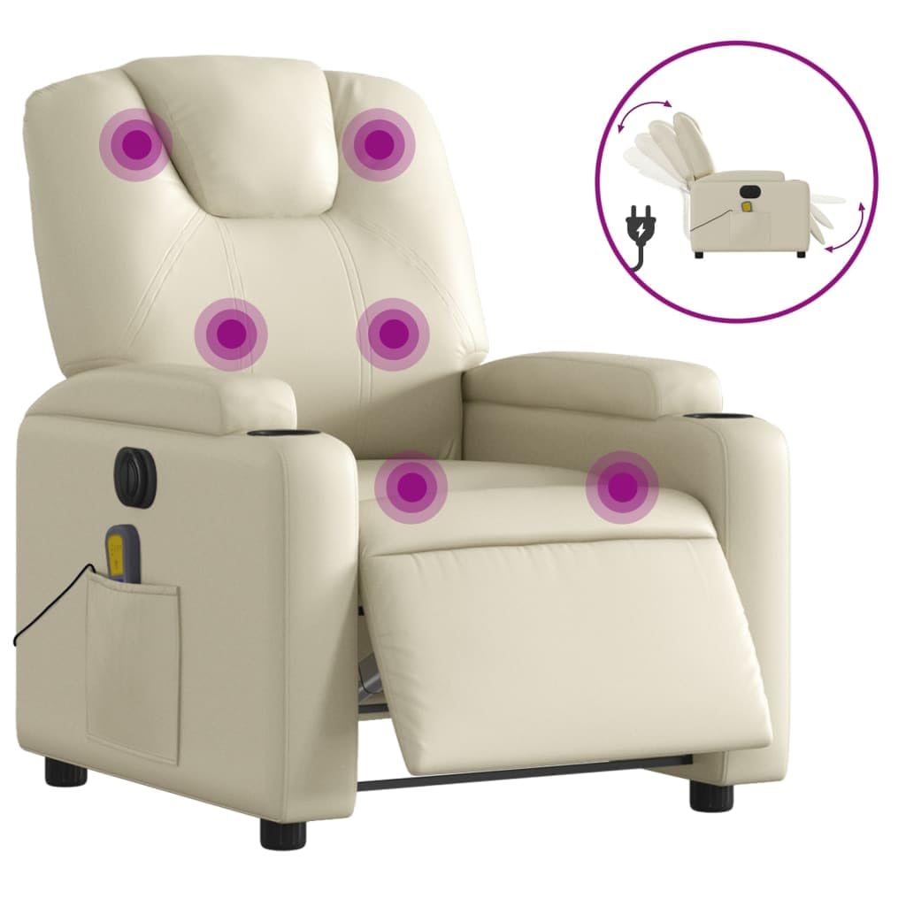 vidaXL Electric Massage Recliner Chair - Cream Faux Leather Adjustable Lounge Armchair with Cup Holders for Living Room/Office