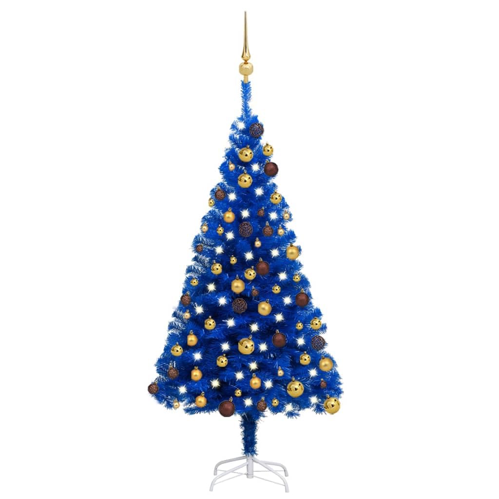 vidaXL Artificial Pre-lit PVC Christmas Tree - Blue with Gold and Bronze Balls, Steel Stand, LED String Lights, and Decorative Peak - 47.2 inches Tall