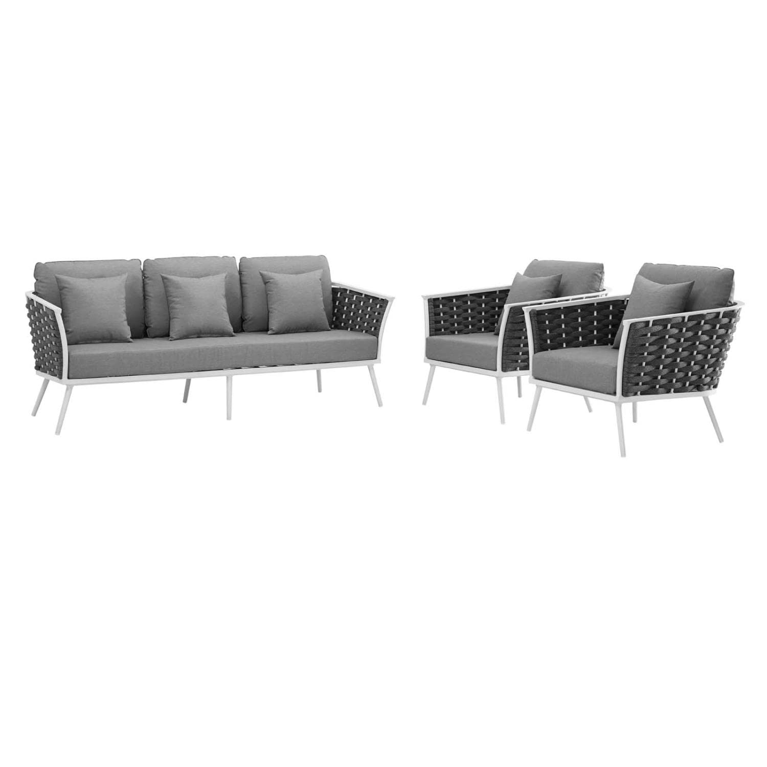 Modway Stance Outdoor Patio Aluminum, Sofa And Two Armchairs, White Gray